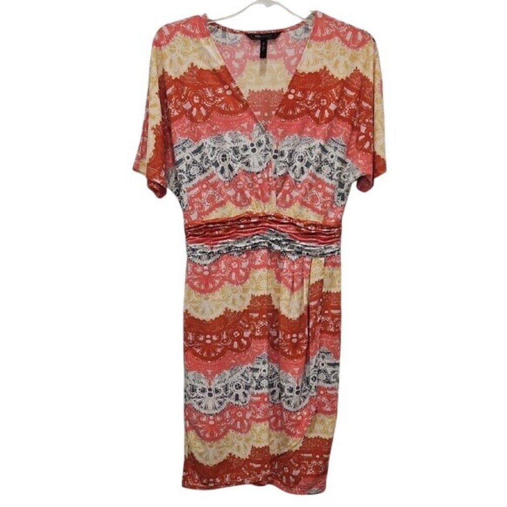 BCBGMaxAzria Faux Wrap Tereza Knee Length Short Sleeve Dress Small Colorful